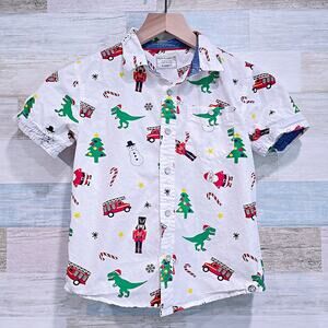FREE PLANET Dinosaur Christmas Shirt Short Sleeve Button Up T Rex Cotton Boys 7